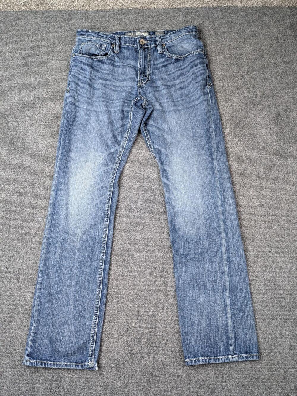 BKE Jake Jeans Mens 32x32 Blue Straight Leg Stretch Embroidered Denim Distressed
